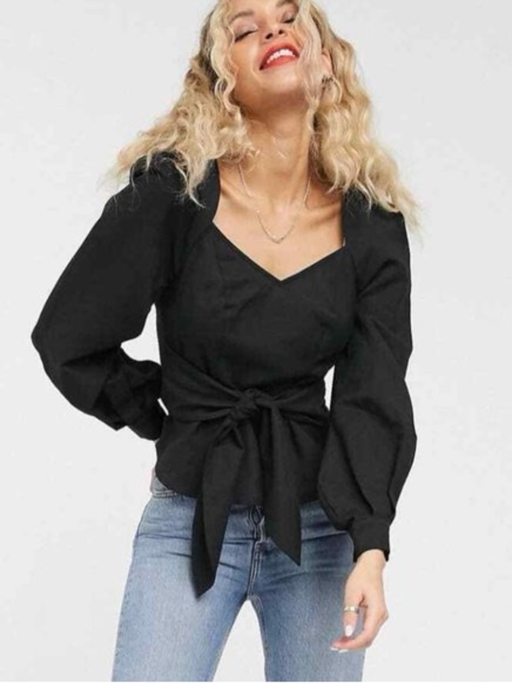 & Other Stories Black Tie-Waist Puff Sleeve Blouse